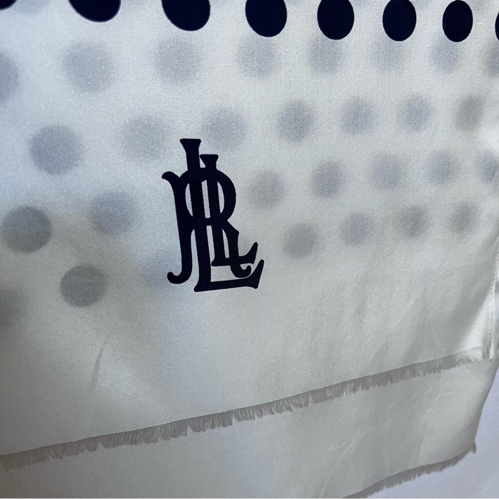 Lauren Ralph Lauren 100% Silk White and Navy Blue Polka Dot Scarf - Picture 6 of 11